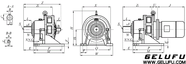 BW12、BWD12、BW15、BWD15、BW18、BWD18、BW22、BWD22、BW27、BWD27、BW33、BWD33、BW39、WD39、BW45、BWD45、BW55、BWD55上海變速機(jī)械廠標(biāo)準(zhǔn)行星擺線針輪減速機(jī)外形及安裝尺寸