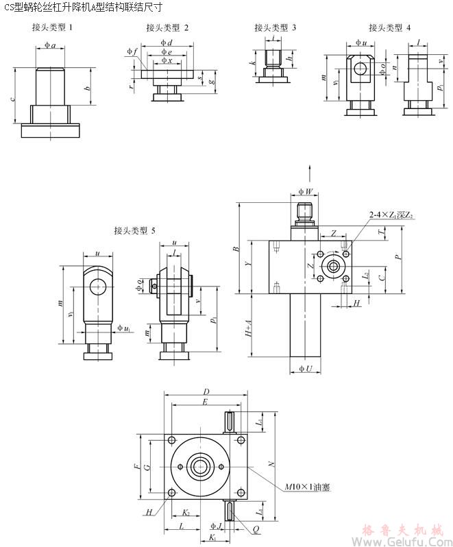 CS方型蝸輪絲杠升降機A型結構聯(lián)結尺寸