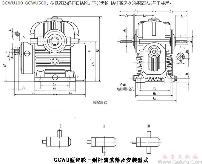 GCWU100-GCWU500、型低速級(jí)蝸桿在蝸輪之下的齒輪-蝸桿減速機(jī)的裝配形式與主要尺寸（JB/T7008-1993）
