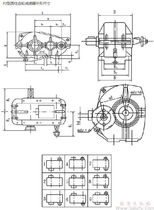 PJ250、PJ350、PJ400、PJ500、PJ650、PJ750、PJ850、PJ1000圓柱齒輪減速機(jī)外形尺寸