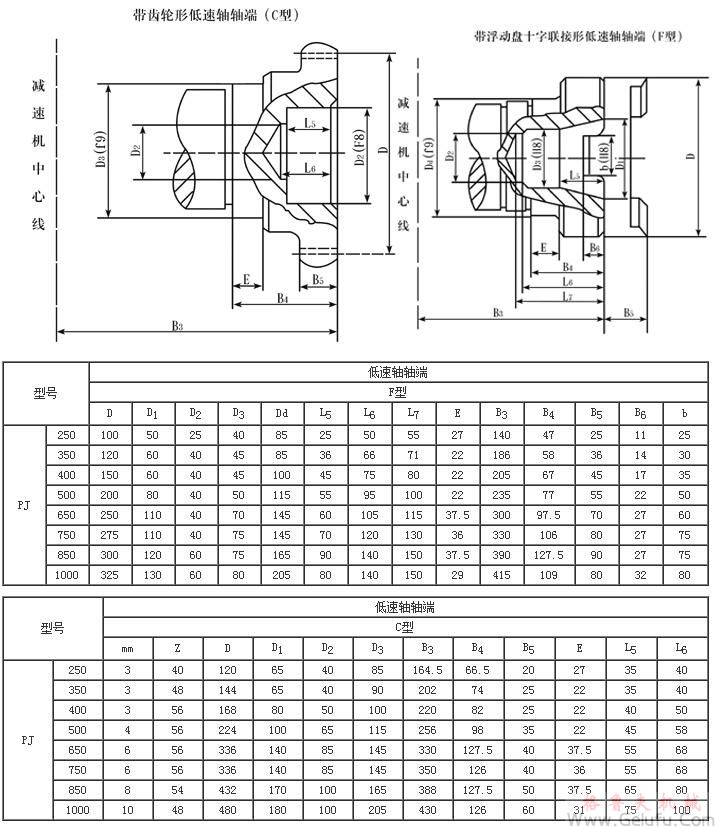PJ250、PJ350、PJ400、PJ500、PJ650、PJ750、PJ850、PJ1000輸入輸出軸端尺寸