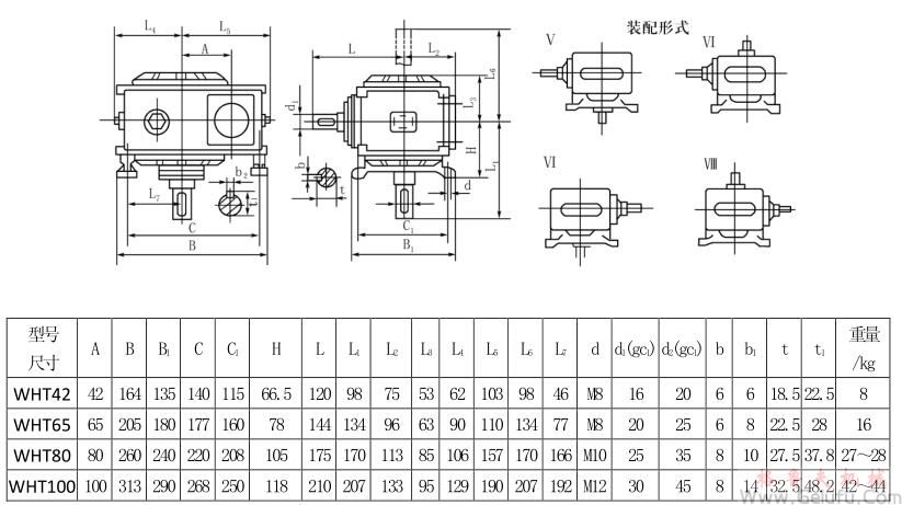 WHT42、WHT65、WHT80、WHT100型圓弧圓柱蝸桿減速機Ⅴ&mdash;Ⅷ式安裝型式及尺寸JB2318&mdash;79