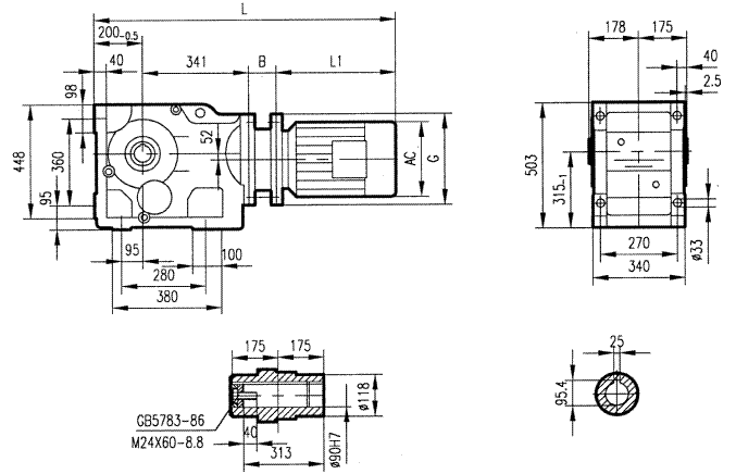 GKBA107型斜齒輪弧齒錐齒輪減速電機安裝結(jié)構(gòu)圖尺寸