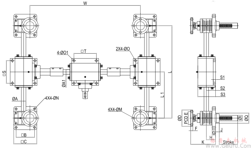 RJ-4SB係列多臺(tái)齒條升降機(jī)與傘齒箱組合高速升降齒條安裝圖 RJ-4SB係列多臺(tái)齒條升降機(jī)與傘齒箱組合高速升降齒條安裝圖